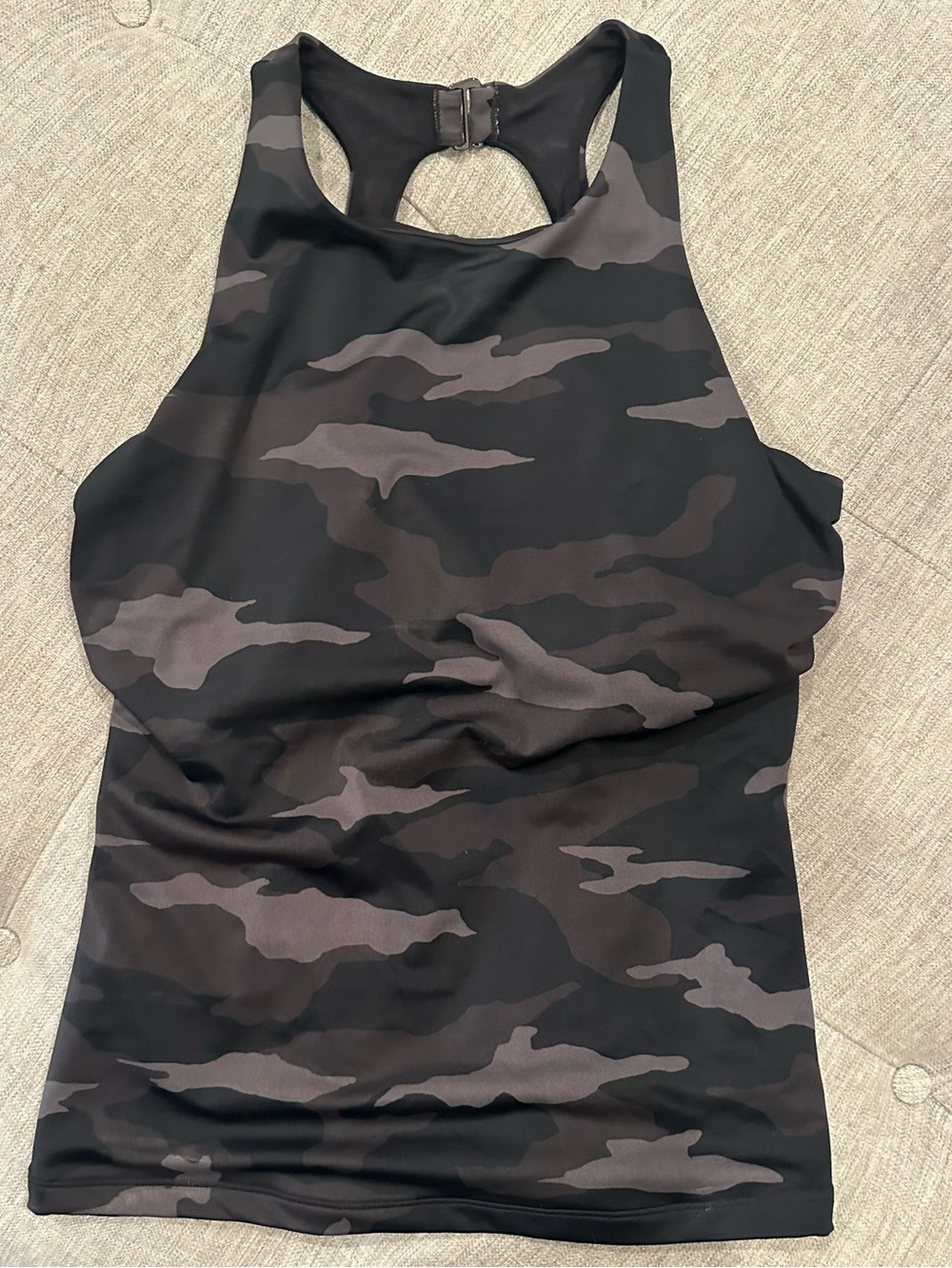 Athleta Black and Gray High-Neck Camo Racerback swim Tank